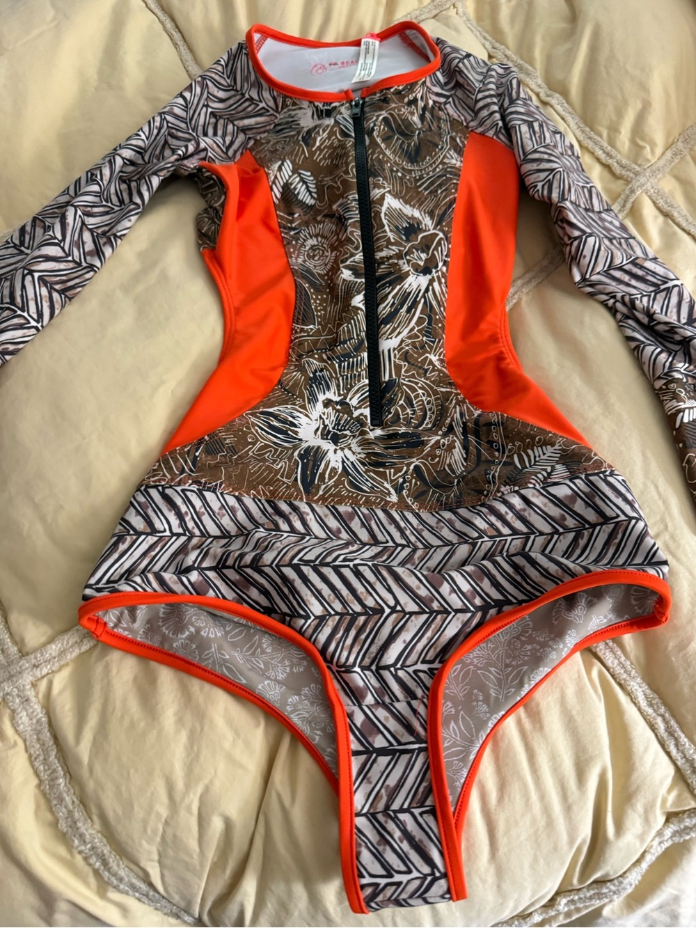 Free People Beach Long Sleeve One-Piece Swimsuit Orange and Brown Floral Print